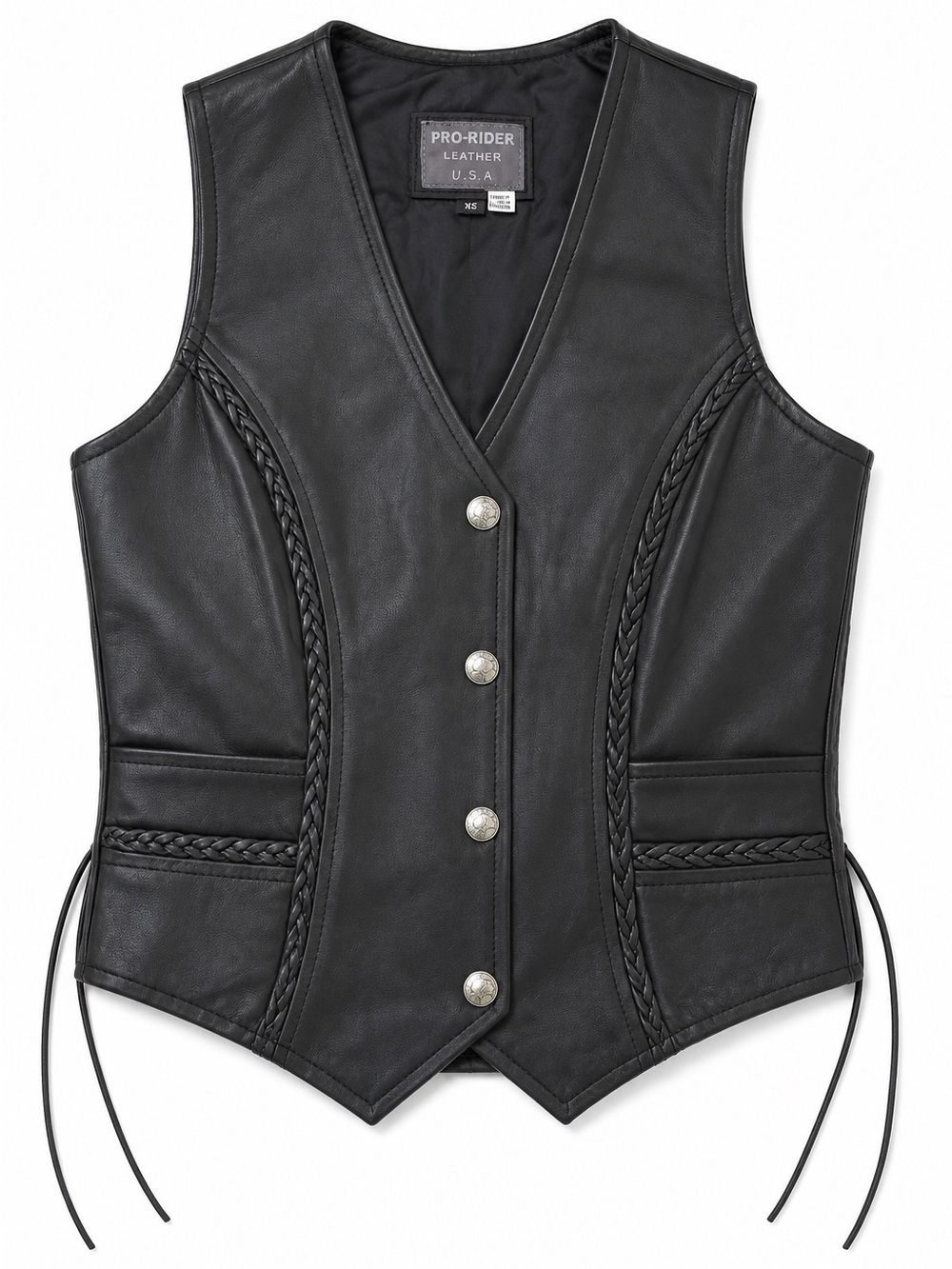 Pro Rider Women’s Black Genuine Leather Motorcycle Biker Vest Lace Up Size S-M